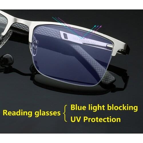 Fashionable Business Anti Blue Light Reading Glasses Men Women UV Protection Presbyopic Glasses Metal Half Frame
