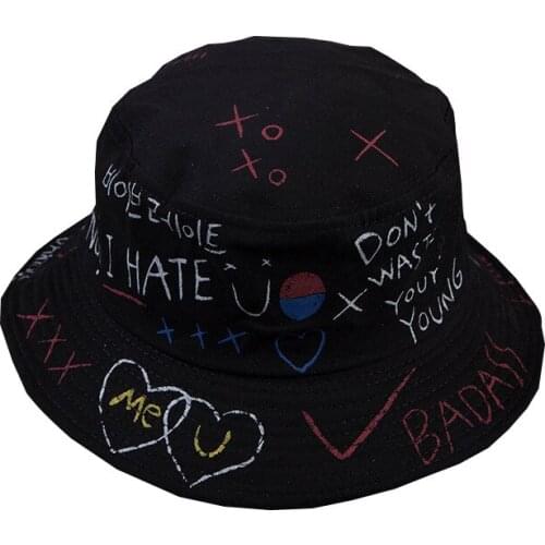 Korean-style Summer Hat Black And White Graffiti Heart Bucket Hat Street Cool Casual Couples Bucket Hat Sun-resistant Topee
