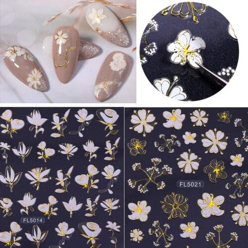 1 Sheet Gold White Spring Summer 3D Nail Sticker Decals Flower Butterfly Transfer Slider Paper Nail Art Decoration Manicures