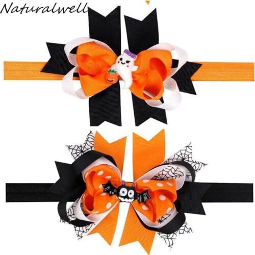 Naturalwell Girls Halloween Headband Orange Spooky Hair Bows Kids Accessories Fall Festival Pageant Boutique Photo Prop HB612