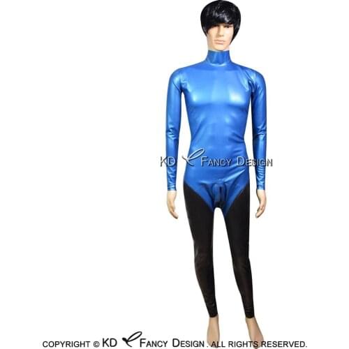 Black With Metallic Blue Sexy Latex Catsuit With Pouch Zipper And Back Zipper Rubber Bodysuit Zentai Overall LTY-0098