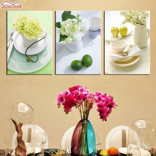 ShineHome-3pcs Wall Art Canvas Prints Flower Fruit Tableware Modular Painting Picture Posters Hotel Restaurant Dinning Room Deco