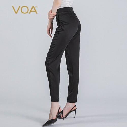 VOA Satin 19m/m Stretch Silk Natural Waist Dark Buckle Long Rise Feet Solid Wild Nine Pencil Pants K35