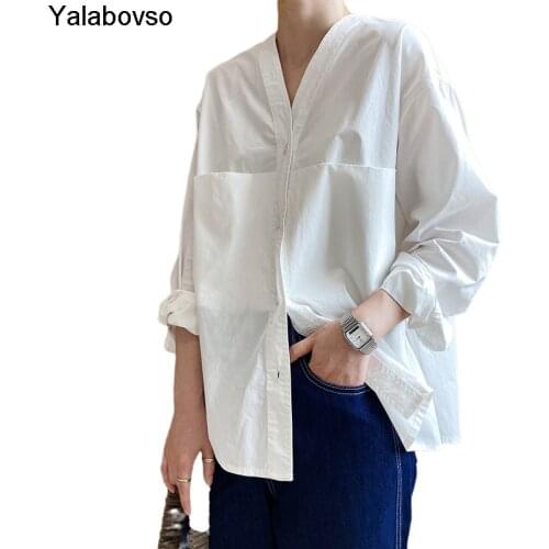 Female Tops Harajuku Tees French Long Sleeve V-neck Shirts Womens 2021 Autumn New Design White Lazy Style Blouse