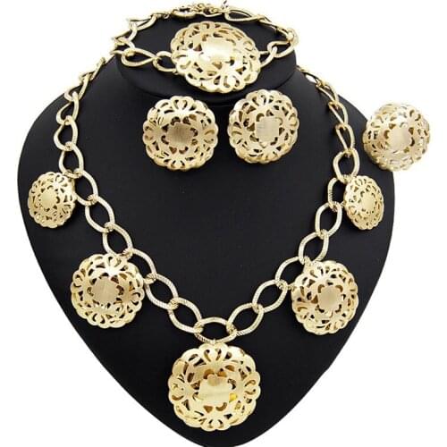Yulaili Fashion Dubai Gold Jewelry Sets for Women Charm Hollow Necklace Stud Earrings Bracelet Ring Party Accessories Bijoux