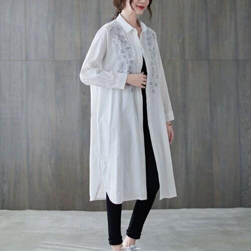 Oversized Women Loose Casual Long Shirts New Arrival 2021 Spring Simple Style Vintage Embroidery Female Cotton Linen Tops S3462