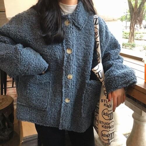 2020 Autumn Winter New Korean Loose Solid Color Women Winter Coat Singer-breasted Polo Collar Lamb Wool Coat Female Outwear