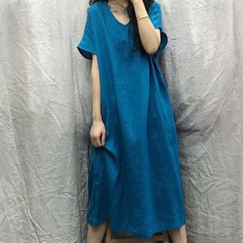 Women Loose V Neck Solid Color Linen Dress Ladies Vintage Summer Flax Plus Size Dress Female 2020 Short Sleeve Dresses