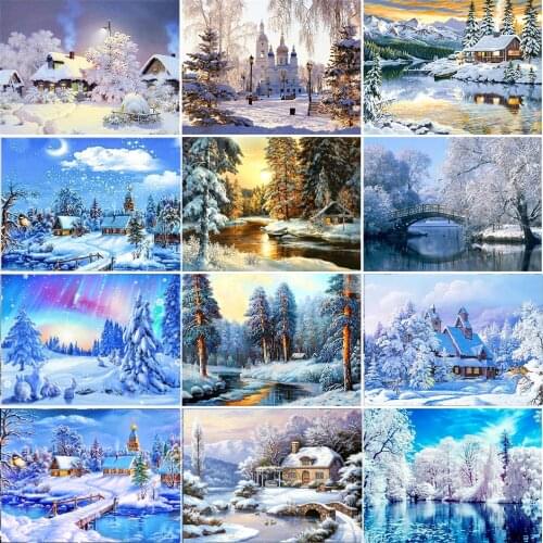 5D DIY Diamond Painting Landscape Winter House Rhinestone Art Picture Rhinestone Diamond Embroidery Mosaic Home Decoration Gift