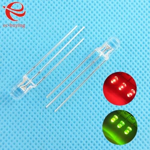 3mm LED Bi-Color Transparent Common Cathode Round Light Emitting Diode Two Dual Red Green Plug-in Practice DIY Kit 50 pcs/lot