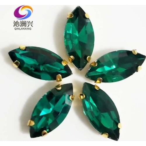 Malachite green eye shape Glass Crystal sew on stones with holes,Golden bottom loose rhinestones Diy/Clothing accessories SWMG15