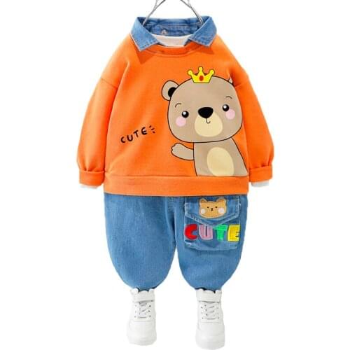 Autumn Baby Boys Clothing Set 0-4 Years Toddler Cartoon Bear Crocodile Tiger Lapel Pure Cotton Blouse + Jeans 2Pcs Suit For Kids