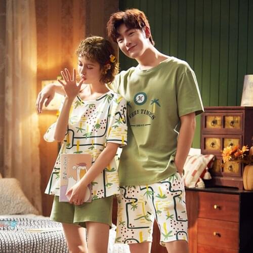 2020 Summer Couple Pajamas Set 2PCS Sleepwear Cotton Loose Women Pyjamas Men Shorts Lovely Pigiama Homewear Nightgowns Plus Size