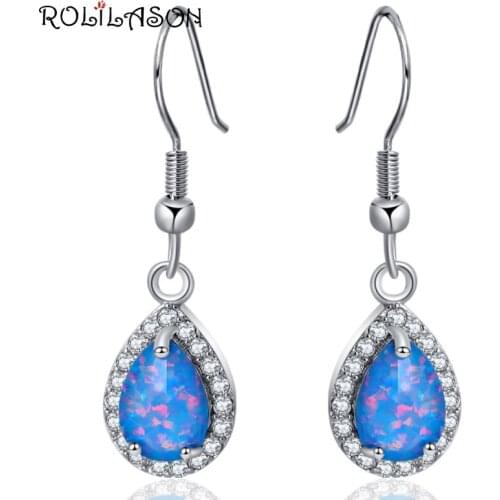 ROLILASON Zirconia Water Drop desgin Super supplier blue fire opal Silver Fashion Jewelry Dangle Earrings jewelry OE684