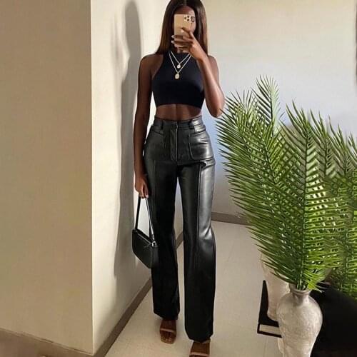 Luxury PU Leather Trousers Women Casual Sexy Tight-fitting Stretch Straight-leg Pants 2021 Street Slim Design Trousers Women