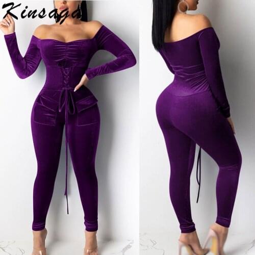 Sexy Skinny Off Shoulder Velvet Jumpsuits Women Drawstring Corset Warm Rompers Party Club Slash Neck Pockets Bandage Bodysuits