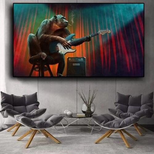Funny Monkey Play Guitar Poster Canvas Painting Print Wall Art Cuadros Animal Picture Wall Canvas Decor for Living Room Unframed