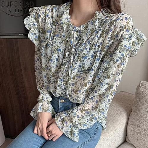Green Casual Ladies Tops Autumn Sweet Women Blouses Long Sleeve Shirt Floral Print Chiffon Blouses 2021 Ruffled Blusas 10336