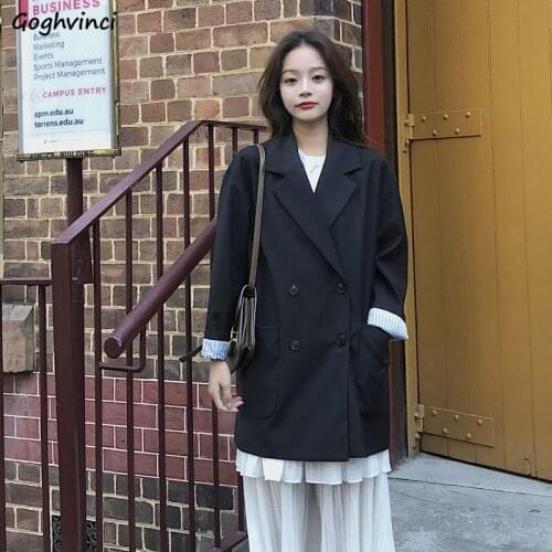 Medium-long Blazers Women Double Breasted Ulzzang Patchwork Leisure Notched Classic All-match Ladies Elegant Suits Coat Trendy