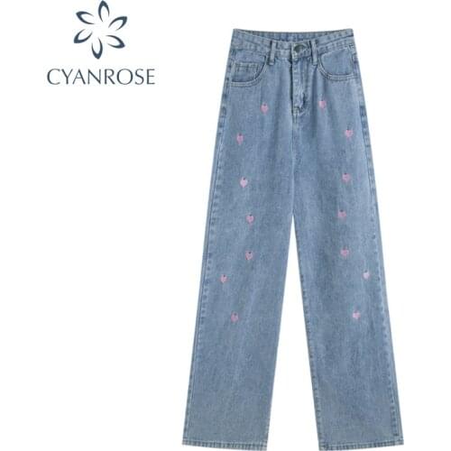 Women Jeans Heart Pattern Fashion Harajuku Pant 2021 Autumn High Waist Vintage Wide Leg Straight Y2K Streetwears Denim Trousers