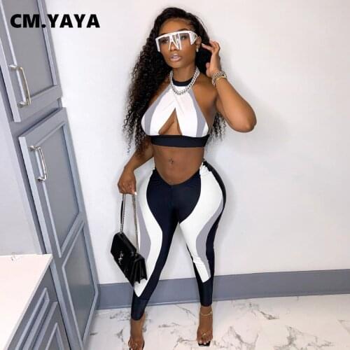 CM.YAYA Women Set Patchwork Sleeveless Halter Backless Hollow Out Crop Tops Pencil Pants Two 2 Piece Set Tracksuit Summer Outfit