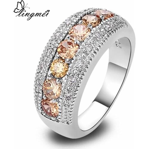 Lingmei Gorgeous Wedding Band Rings for Women Morganite Zircon Silver Color Ring Size 6 7 8 9 10 Trendy Cocktail Party Gifts