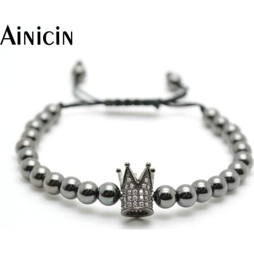 1pc Never fade Gun Black Color 6mm Copper Beads With CZ Setting 3D Crown Charms Hand-knitted Adjustable Bracelets For Women