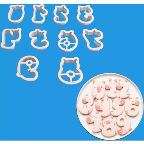 10pcs/set Cute Pig 0-9 Number Fondant Cookie Cutters Cake Plastic Embossed Candy Biscuits Molds Cookie Decoration Baking Tools