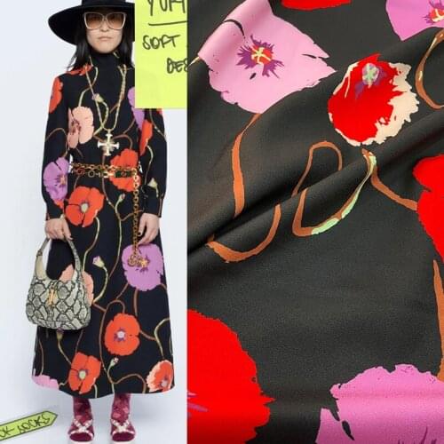 21 Spring Summer Show Brand High-definition Digital Printing Fabric Fashion Skirt Black Bottom Large Flowers Messy Linen Fabric