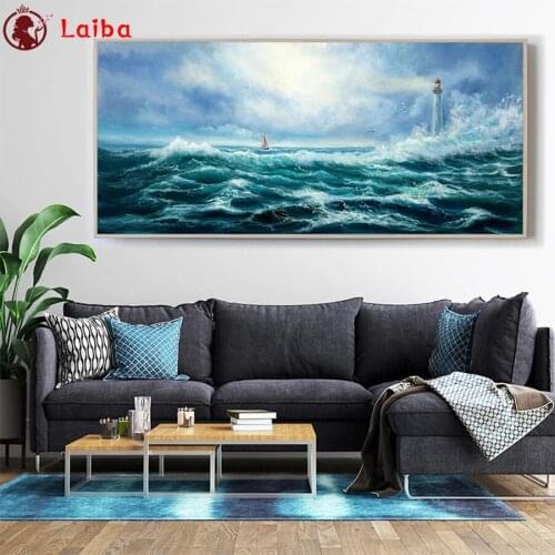 3d round square diamond embroidery Abstract art, waves, lighthouse, sailboat Diy full diamond painting stitch cross mosaic