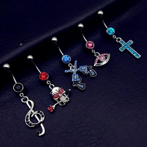 5pcs New Arrival Jeweled note skull evil eye gun cross Style Belly Button Ring Body Piercing Jewelry Navel 316l Stainless steel
