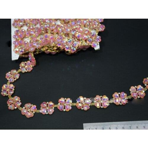 5Yards Four Leaf Clover Pink AB Rhinestone Trim Applique Fancy Crystal Trimming Chain For Wedding Dress Free Shipping