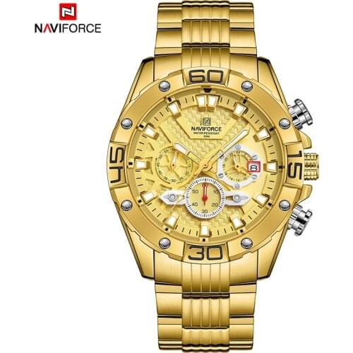 NAVIFORCE Top Brand Luxury Men’s Casual Fashion Gold Wristwatch Stainless Steel Luminous Waterproof Chronograph Quartz Watch Men