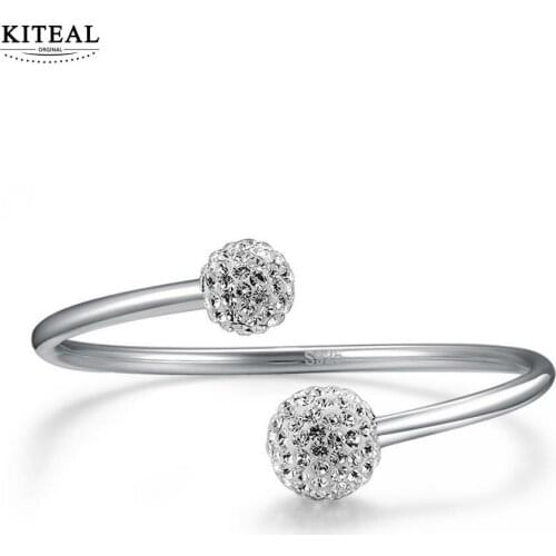 Kiteal 925 jewelry Silver double Crystal Ball Bangles open Cuff arm Bracelets & Bangles Jewelry pulseras For Women S-B19