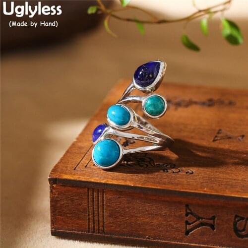 Uglyless Gemstone Creative Big Size Wide Real Silver Rings for Women Lapis Open Rings Real 925 Sterling Silver Fine Jewelry R814