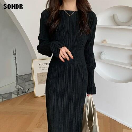 Korean One-Piece Chic Dress 2020 Spring Autumn Vintage Simple Dress O Neck Pleated Bag Hip Long Sleeve Dress Black Long Dress