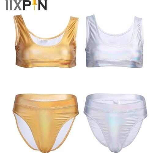 IIXPIN Women Pole Dance Costumes Sexy lingerie Shiny Metallic Crop Top Patent Leather Sleeveless Crop Top with High Cut Briefs