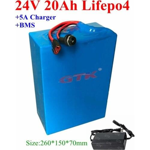 GTK rechargeable 24v 20ah lifepo4 lithium battery with bms 8S for electric bicycle travel scooter Childrens toy car +5A charger