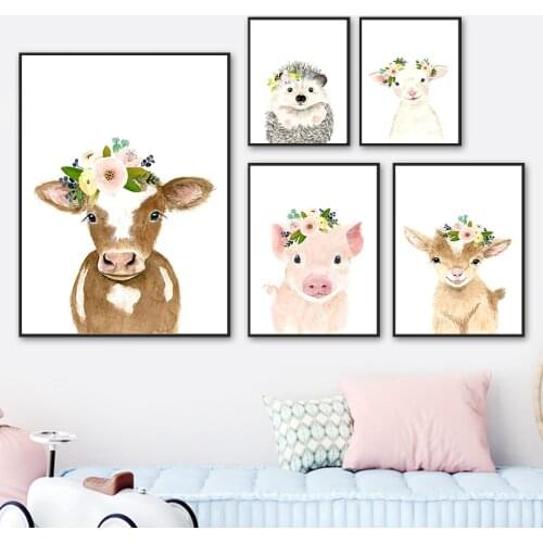Cattle Sheep Hedgehog Pig Rose Flower Animal Wall Art Canvas Painting Nordic Poster And Prints Wall Pictures Kids Room Decor