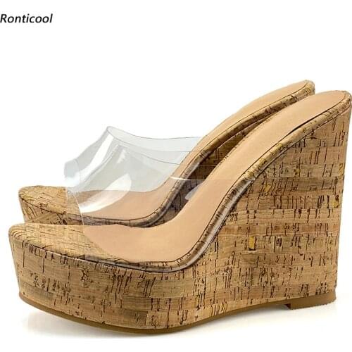 Ronticool New Arrival Handwork Women Mules Sandals Cork Wedges Heel Open Toe Transparent Party Shoes Women US Plus Size 5-20