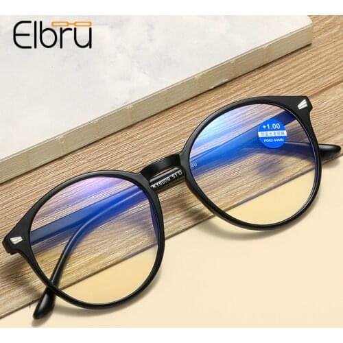Elbru Vintage Anti Blue Light Reading Glasses Round HD Presbyopic Eyeglasses Fashion Men Women Large Eyewear Diopters +1.0 +3.5