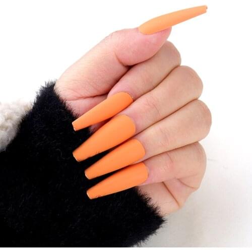 Orange Press on nails Long Coffin 20pcs+Tape Sticker Super Long Matte Press on Nails Coffin Ballerina