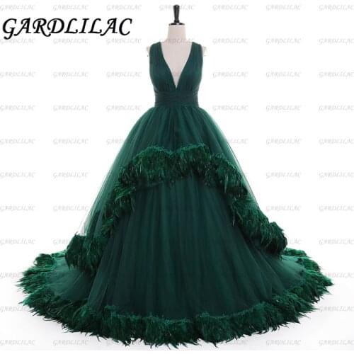 Gradlilac V-Neck Tulle Evening Dresses Long Tulle With Feather Cocktal Dresses For Woman Deep V-Neck Pleated Tulle Belt Gowns