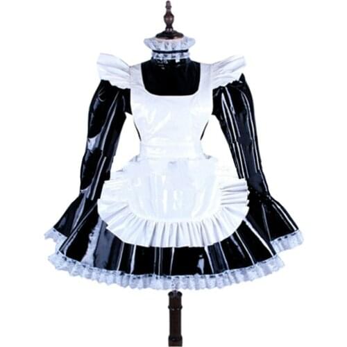 Plus Size Lace Trim Lovely Maid Mini Dress Women Long Sleeve A-line Dress With White Apron Halloween Valentine Cosplay Costume
