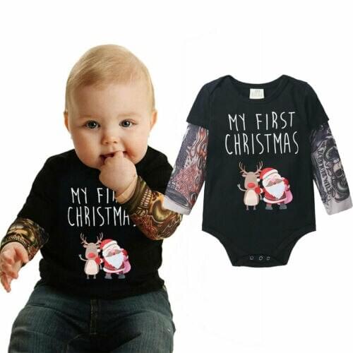 Baby Christmas Bodysuit Clothes Infant Baby Boy Girl Tattoo Sleeve Santa Claus Print Bodysuits Cotton Clothes Navidad Outfits