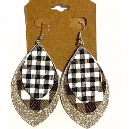Silver glitter black and white buffalo plaid checkered faux leather earrings fabric layered boho hippie women statement