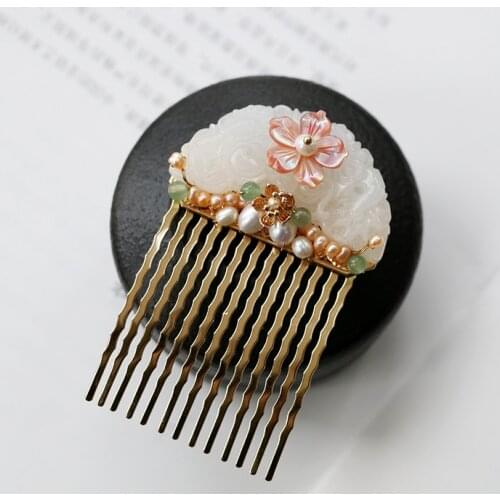 Stone Inlay Chinese Style Hair Comb Vintage Hand Beaded Hairpin Peony Flower Hair Pin Jewelry Hair Accessories WIGO1188