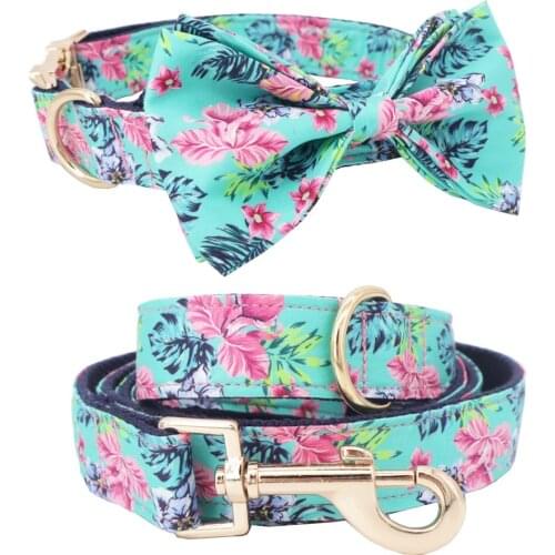 Blue floral Dog Collar Bow Tie Pet Accessories with personalized pet name with telphone no