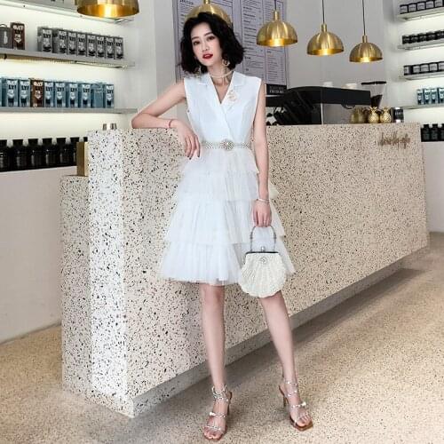 Special Occasion Dress Illusion V-Neck Sleeveless Tulle Lace Pearls A-Line Luxury White Knee-Length Elegant Women Prom Gown E833