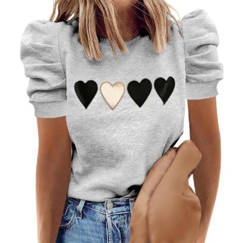 Stylish Women T-shirt Short Puff Sleeve Eye/Heart Print O Neck Blouse Top 2021 Summer Cute Holiday Shirts Woman Clothes 2 Colors